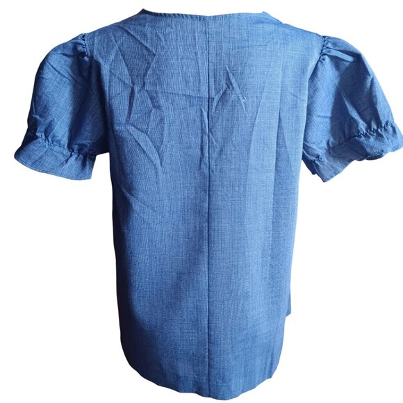 Medium Vintage 1970's Peasant Blouse Plaid Yoke Chambray Denim Tunic Puff Sleeve - Picture 5 of 5